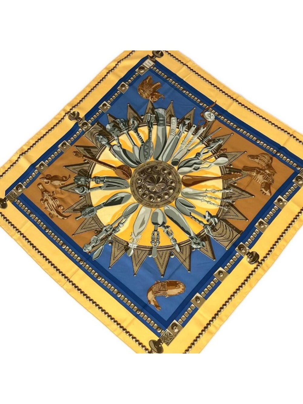 Hermes Scarf Carre 90 Yellow Blue Gray Cuillers D'afrique